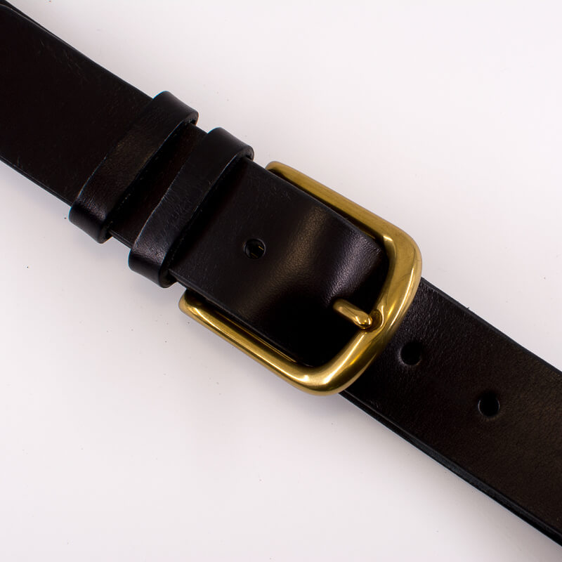 Golden round solid brass buckle black leather belt 4cm width