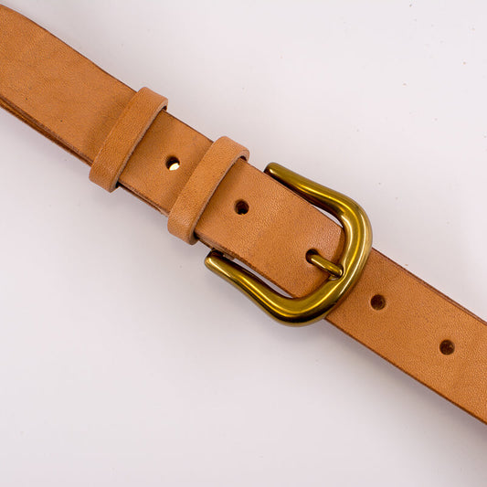 Golden round solid brass buckle - vachetta leather belt - 3cm width