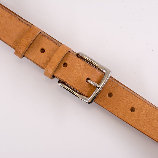 Silver square solid brass buckle - vachetta leather belt - 3cm width