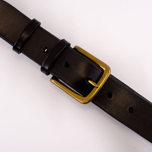 Golden square solid brass buckle - black leather belt - 3.5cm width