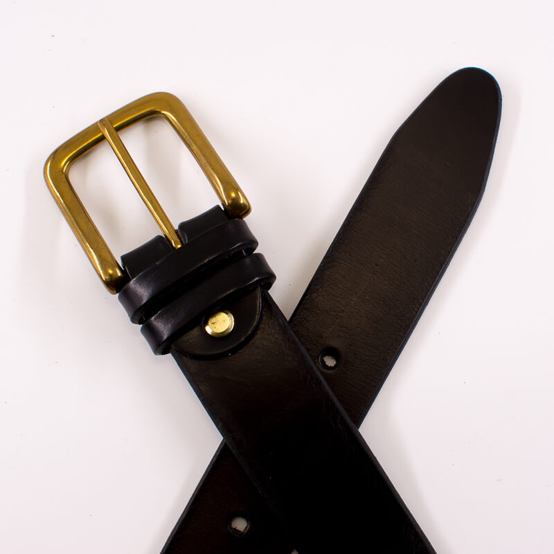 Golden square solid brass buckle - black leather belt - 3.5cm width