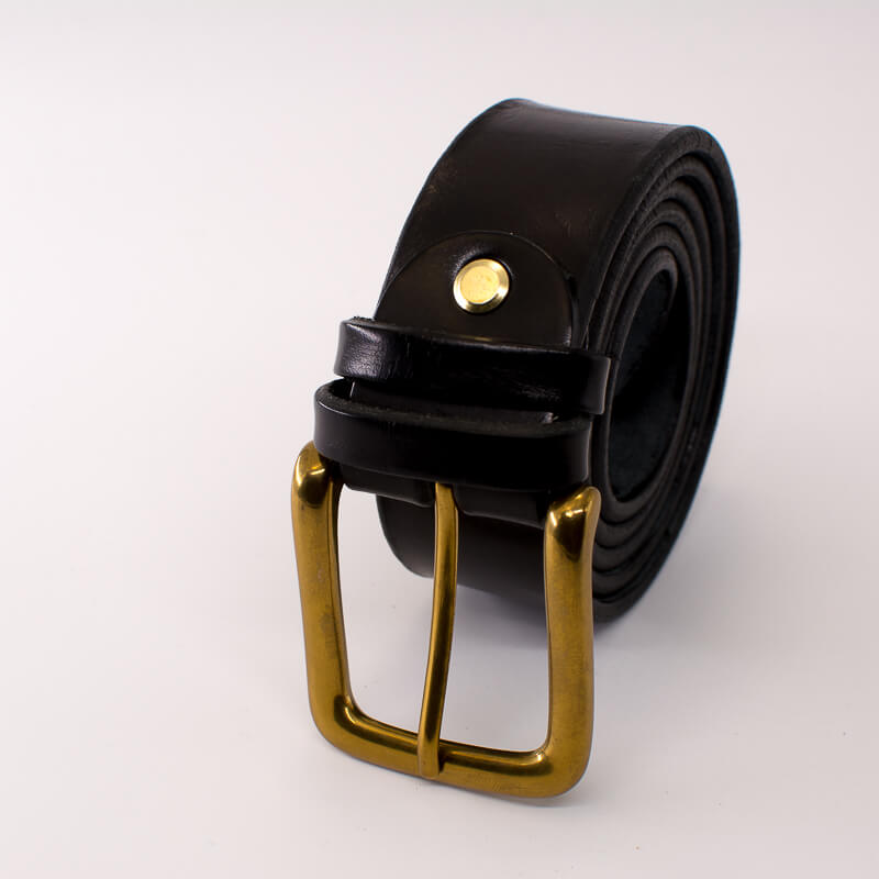 Golden square solid brass buckle - black leather belt - 3.5cm width