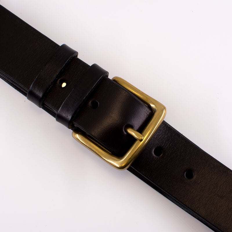 Golden square solid brass buckle (short) - black leather belt - 4cm width