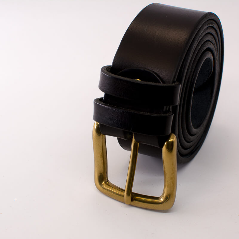 Golden square solid brass buckle (short) - black leather belt - 4cm width