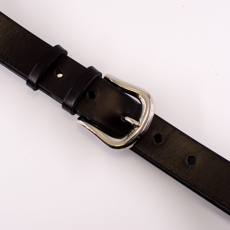 Silver round solid brass buckle - black leather belt - 3cm width