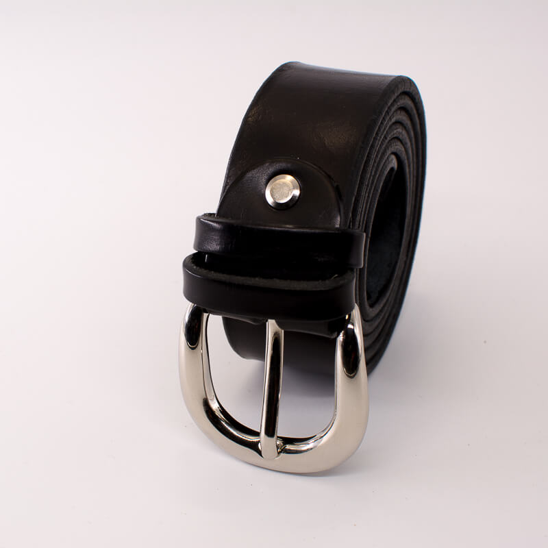 Silver round solid brass buckle - black leather belt - 3.5cm width