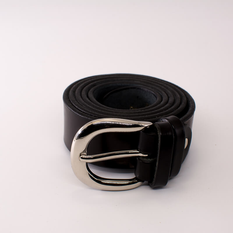 Silver round solid brass buckle - black leather belt - 3.5cm width