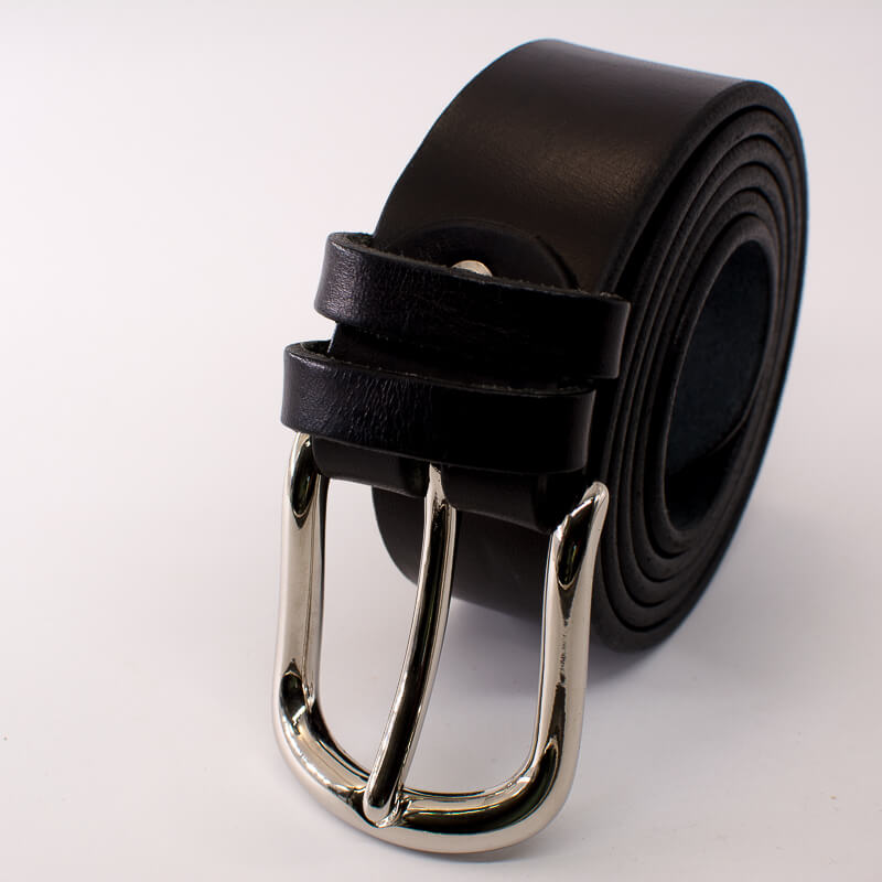 Silver round solid brass buckle - black leather belt - 4cm width