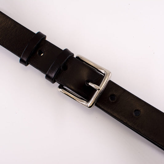 Silver square solid brass buckle - black leather belt - 3cm width