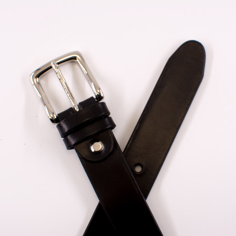 Silver square solid brass buckle - black leather belt - 3cm width