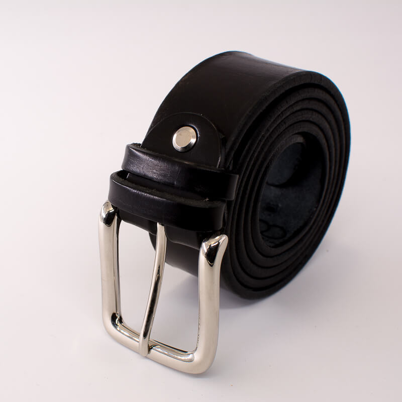 Silver square solid brass buckle - black leather belt - 3.5cm width