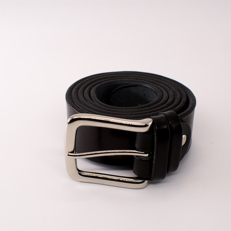 Silver square solid brass buckle - black leather belt - 3.5cm width