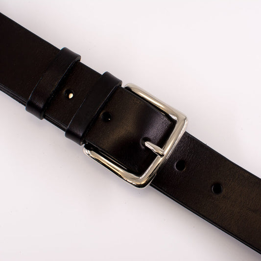 Silver square solid brass buckle (short) - black leather belt - 4cm width