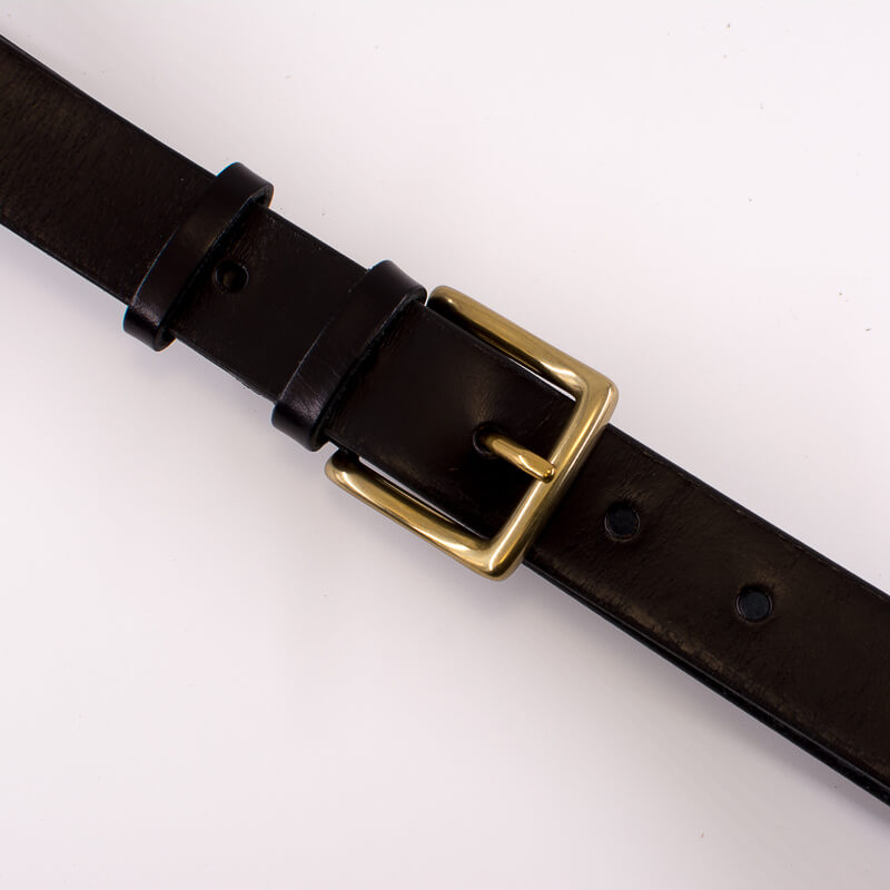 Golden square solid brass buckle - black leather belt - 3cm width