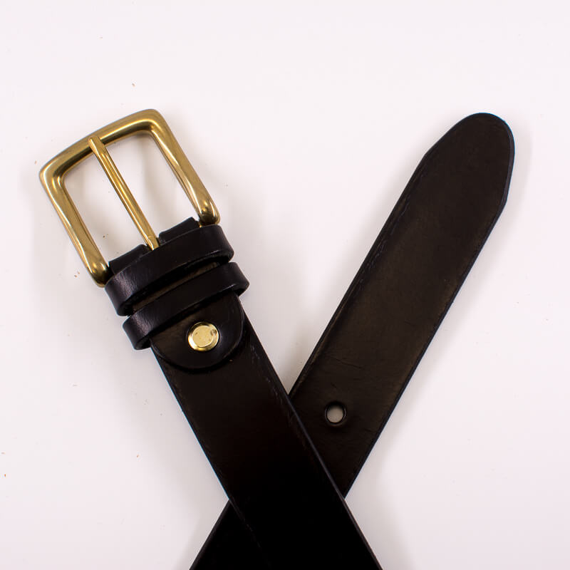 Golden square solid brass buckle - black leather belt - 3cm width