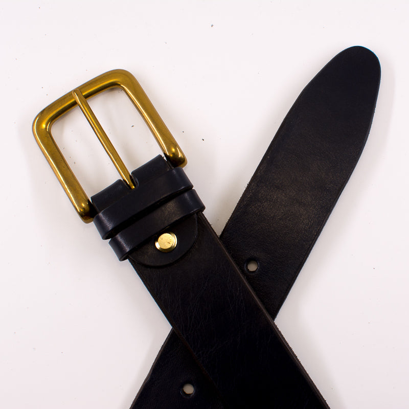 Golden square solid brass buckle - dark blue leather belt - 3.5cm width