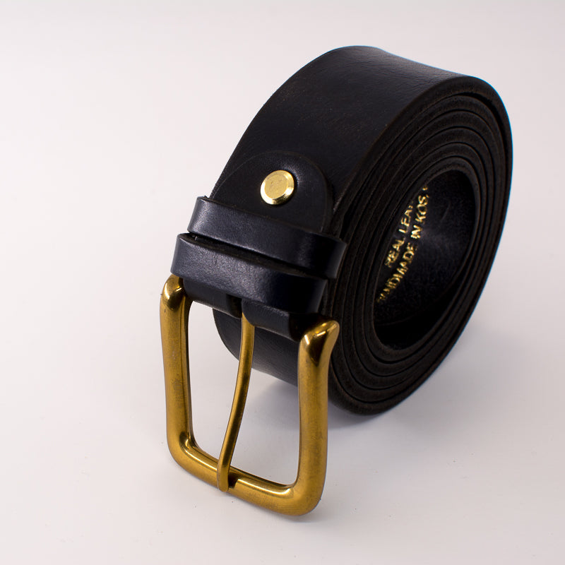 Golden square solid brass buckle - dark blue leather belt - 3.5cm width