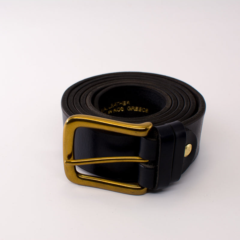 Golden square solid brass buckle - dark blue leather belt - 3.5cm width