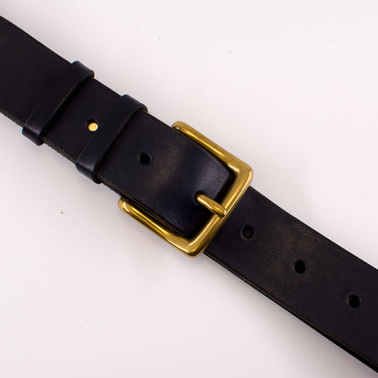 Golden square solid brass buckle (short) - dark blue leather belt - 3.5cm width