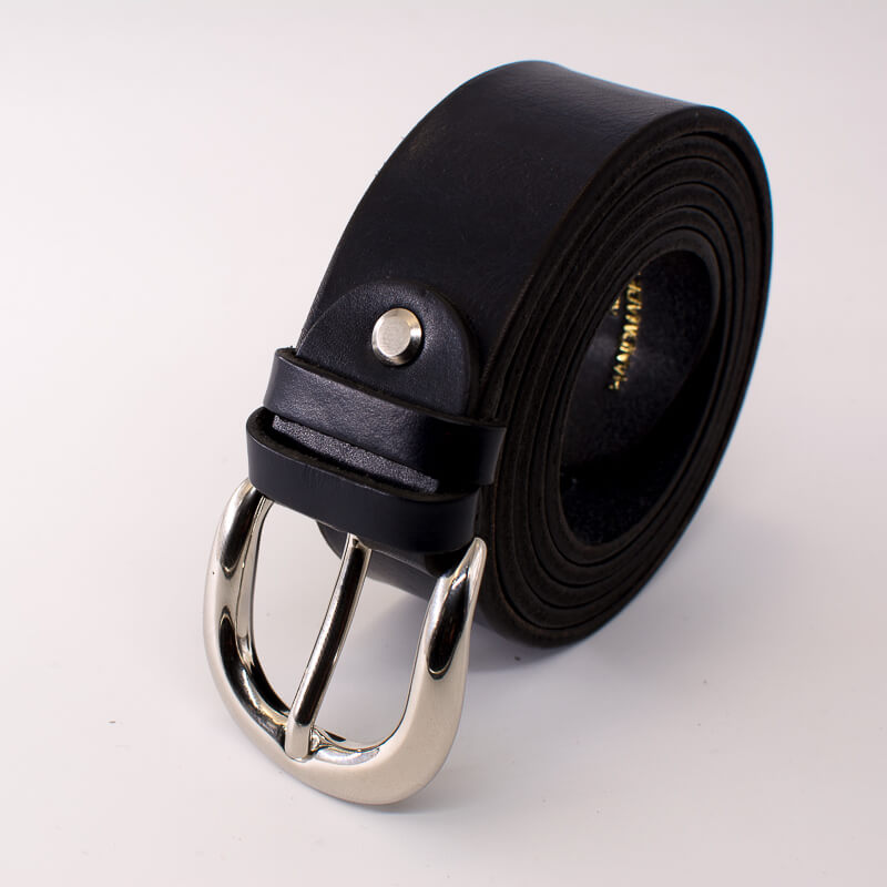 Golden round solid brass buckle - dark blue leather belt - 3.5cm width