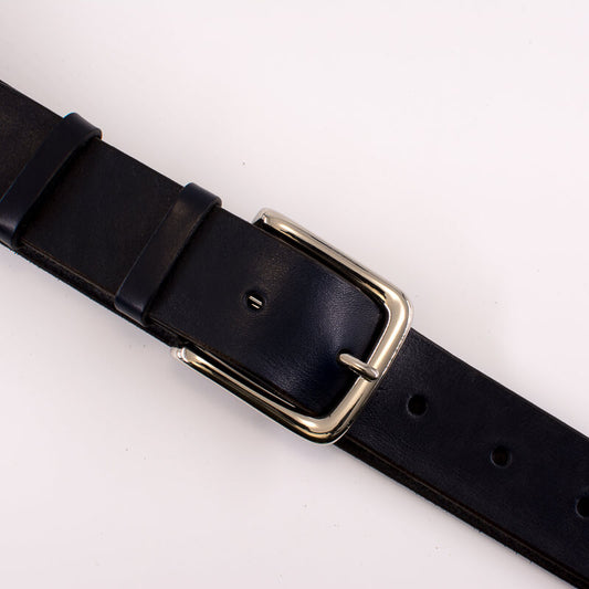 Silver square solid brass buckle - dark blue leather belt - 3.5cm width