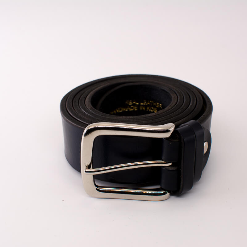 Silver square solid brass buckle - dark blue leather belt - 3.5cm width