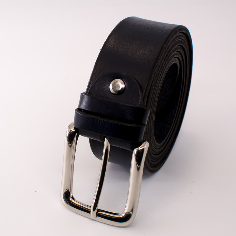 Silver square solid brass buckle - dark blue leather belt - 3.5cm width