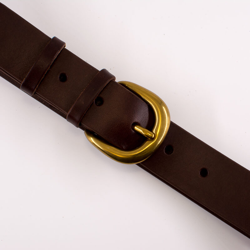 Golden round solid brass buckle - dark brown leather belt - 3.5cm width