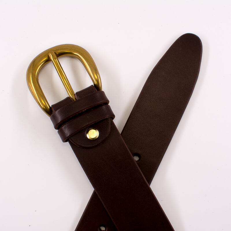 Golden round solid brass buckle - dark brown leather belt - 3.5cm width