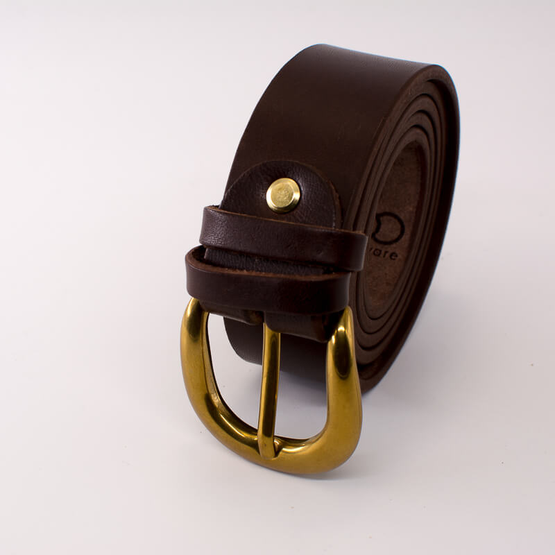 Golden round solid brass buckle - dark brown leather belt - 3.5cm width