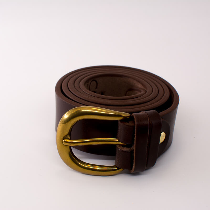 Golden round solid brass buckle - dark brown leather belt - 3.5cm width