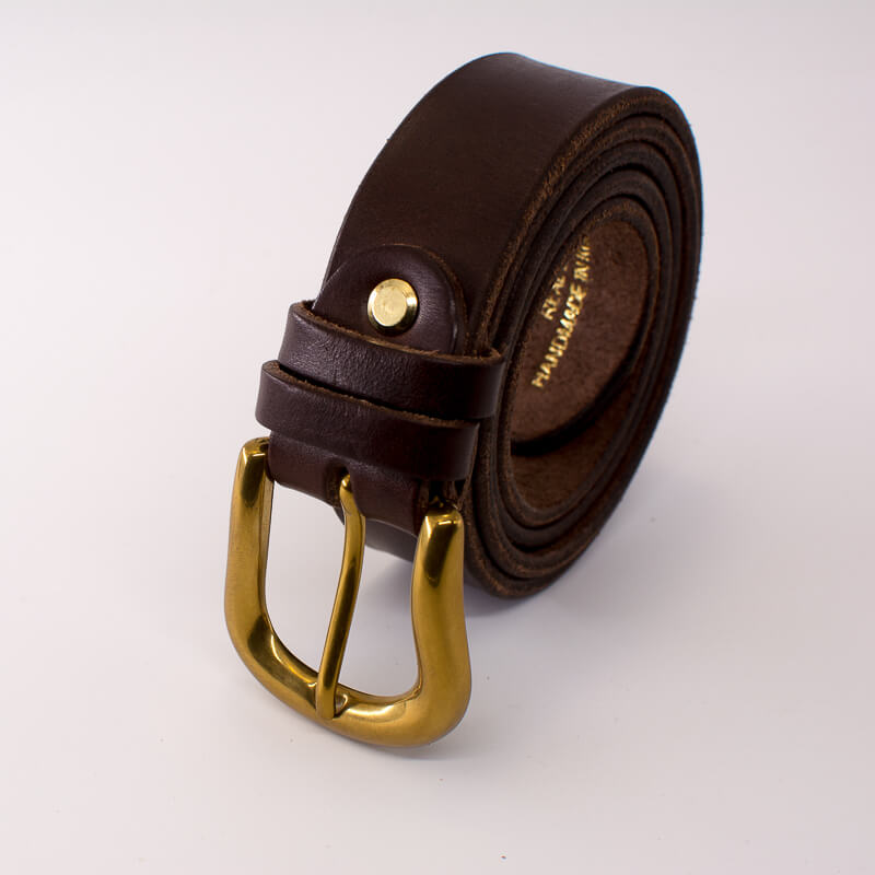 Golden round solid brass buckle - dark brown leather belt - 3cm width