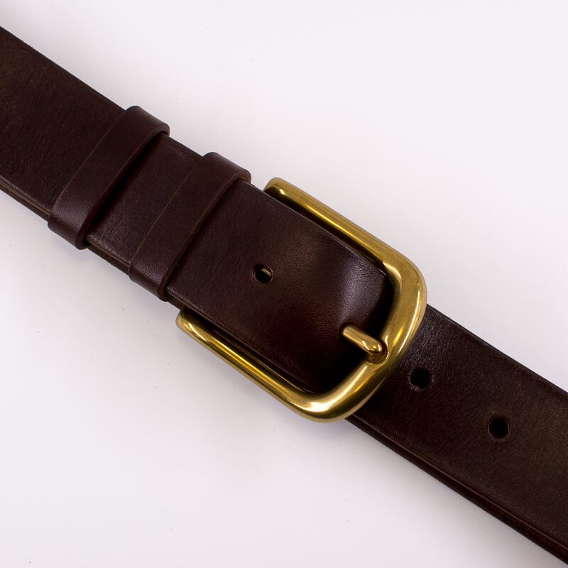 Golden round solid brass buckle - dark brown leather belt - 4cm width