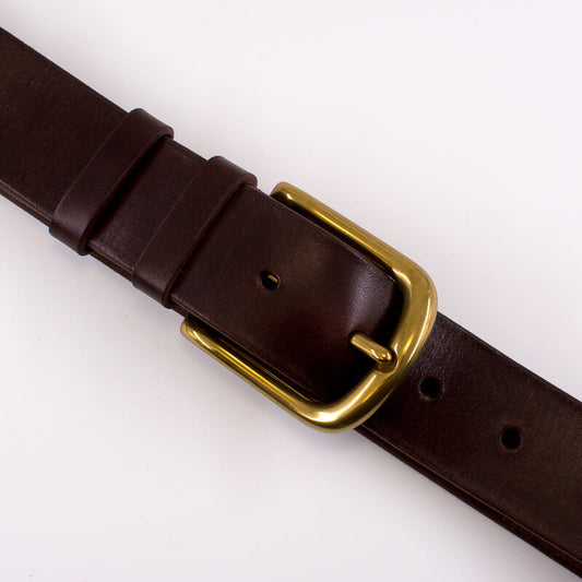 Golden round solid brass buckle - dark brown leather belt - 4cm width