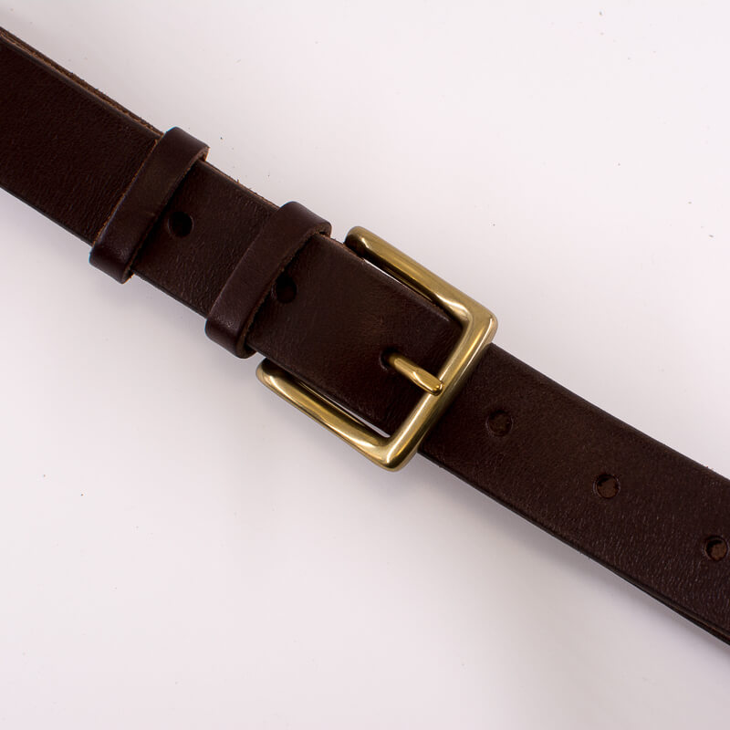 Golden square solid brass buckle - dark brown leather belt - 3cm width