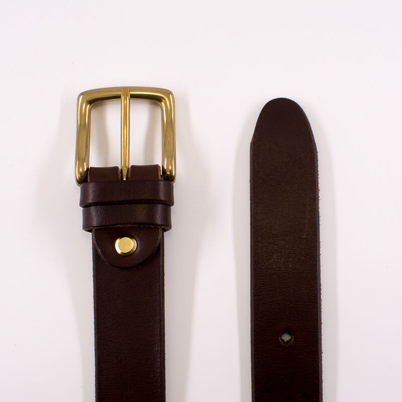 Golden round solid brass buckle - light brown leather belt - 3.5cm width