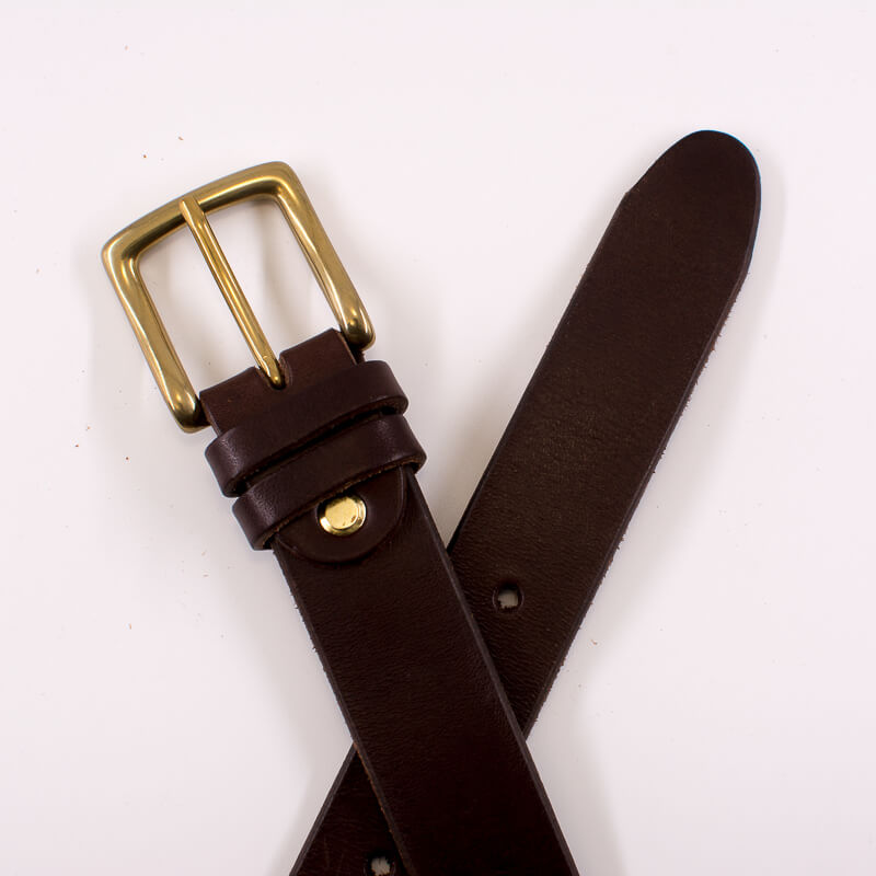 Golden square solid brass buckle - dark brown leather belt - 3cm width