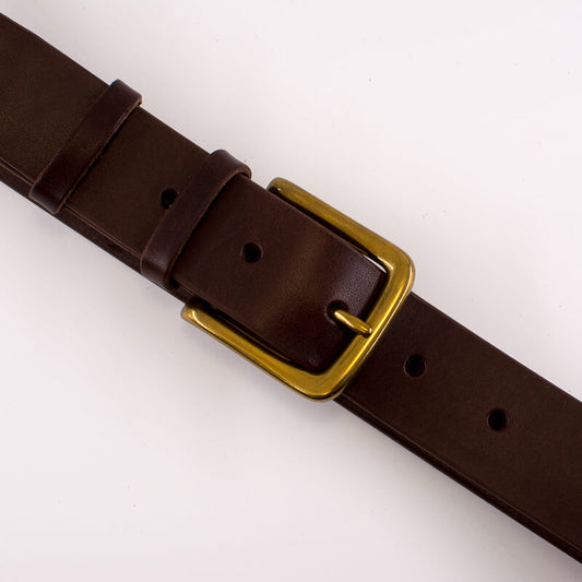 Golden square solid brass buckle - dark brown leather belt - 3.5cm width