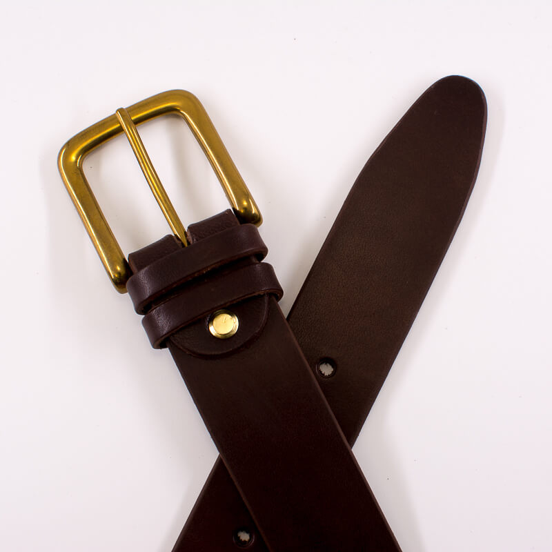 Golden square solid brass buckle - dark brown leather belt - 3.5cm width