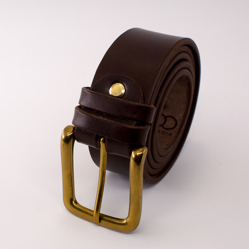 Golden square solid brass buckle - dark brown leather belt - 3.5cm width