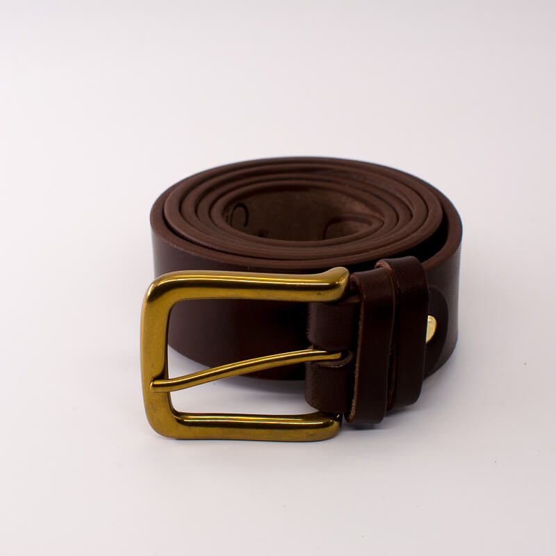 Golden square solid brass buckle - dark brown leather belt - 3.5cm width