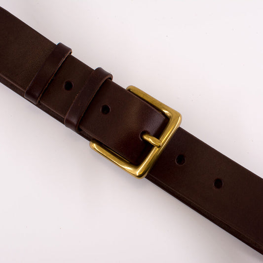 Golden square solid brass buckle (short) - dark brown leather belt - 3.5cm width