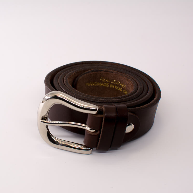 Silver round solid brass buckle - dark brown leather belt - 3cm width