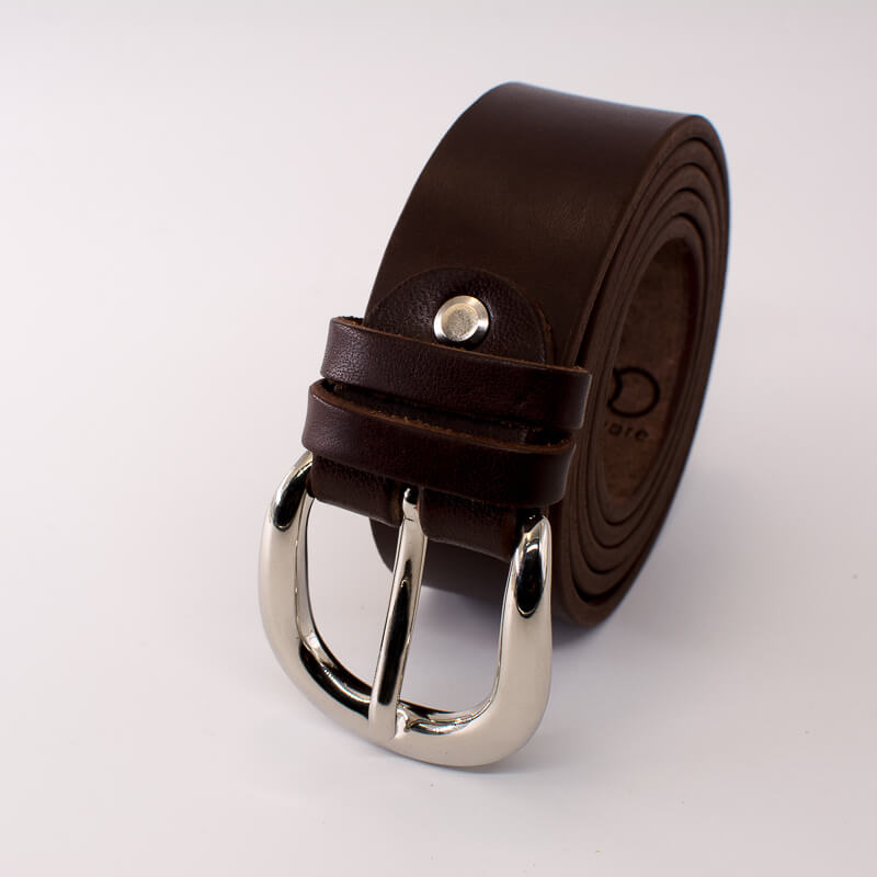 Silver round solid brass buckle - dark brown leather belt - 3.5cm width