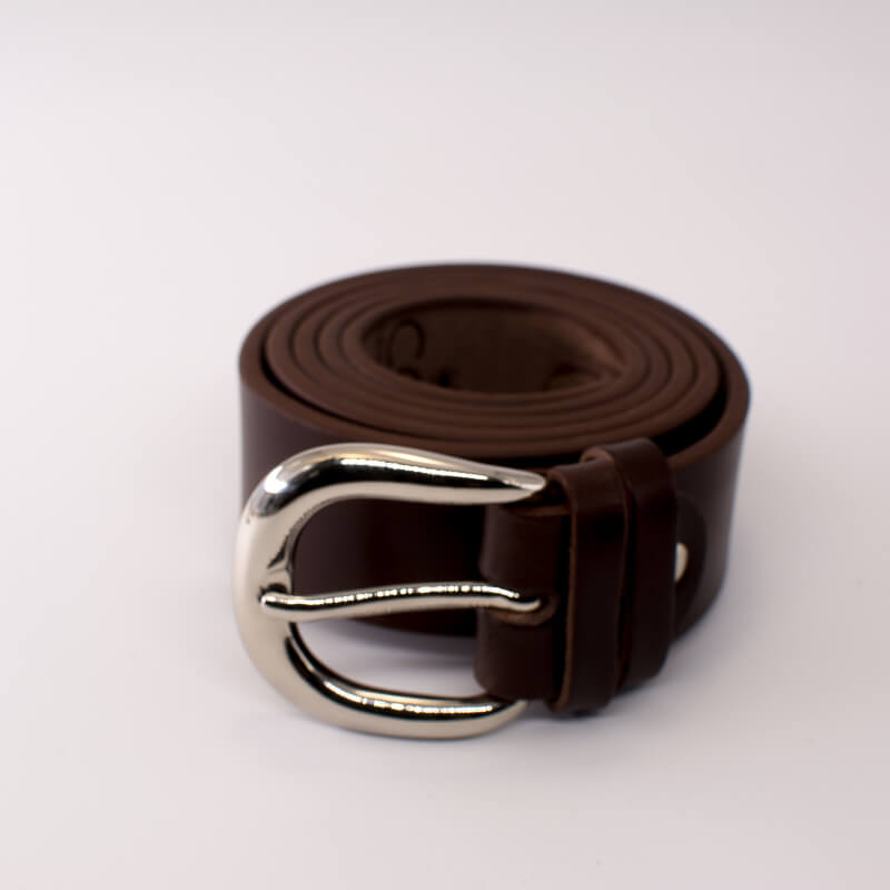 Silver round solid brass buckle - dark brown leather belt - 3.5cm width