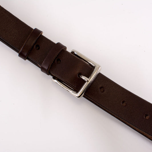 Silver square solid brass buckle - dark brown leather belt - 3cm width