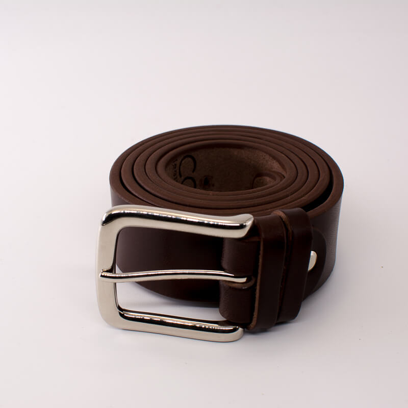 Silver square solid brass buckle - dark brown leather belt - 3.5cm width