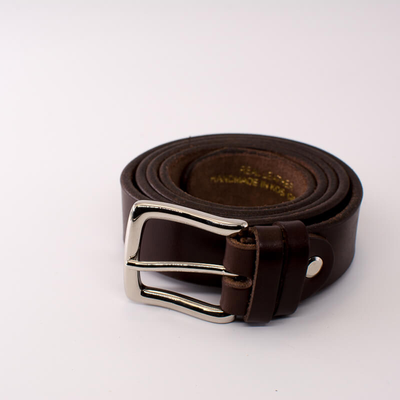 Silver square solid brass buckle - dark brown leather belt - 3cm width