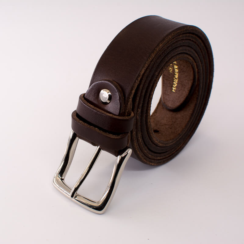 Silver square solid brass buckle - dark brown leather belt - 3cm width