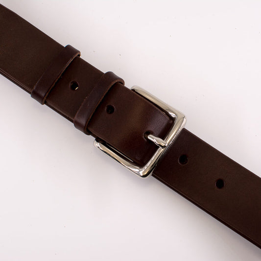 Silver square solid brass buckle (short) - dark brown leather belt - 3.5cm width